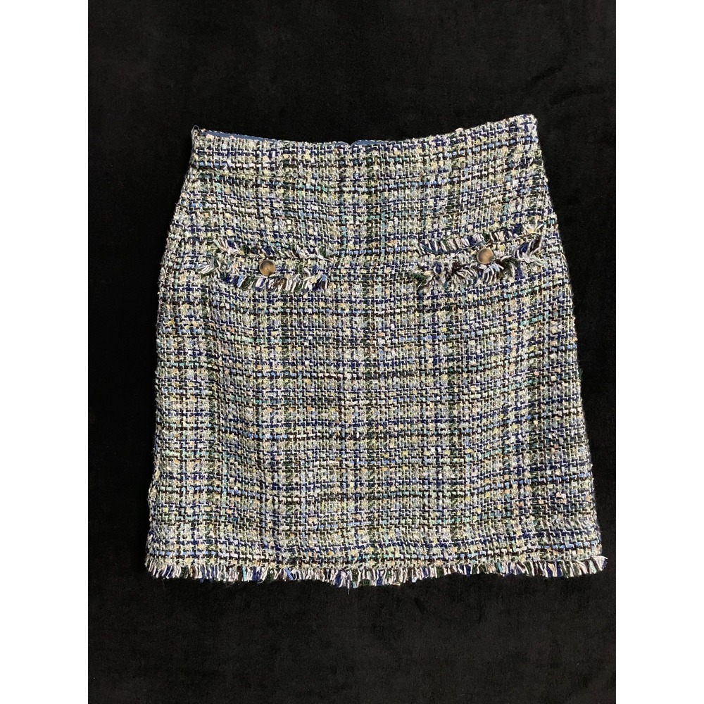 Ann Taylor 2P Tweed Mini Skirt Womens Blue Green Frayed Hem Plaid Office